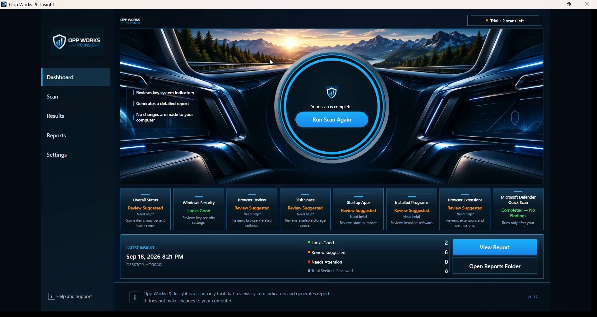 Completed Opp Works PC Insight diagnostic review dashboard